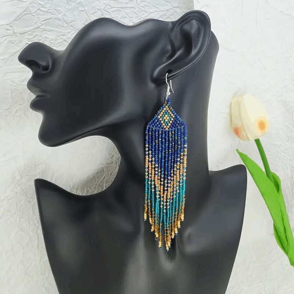 Tribal Boho Style Beaded Tassel Dangle Earrings